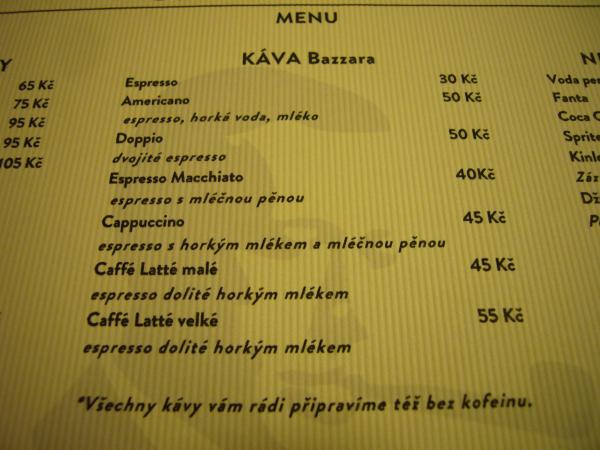 Menu v Café Peroutka